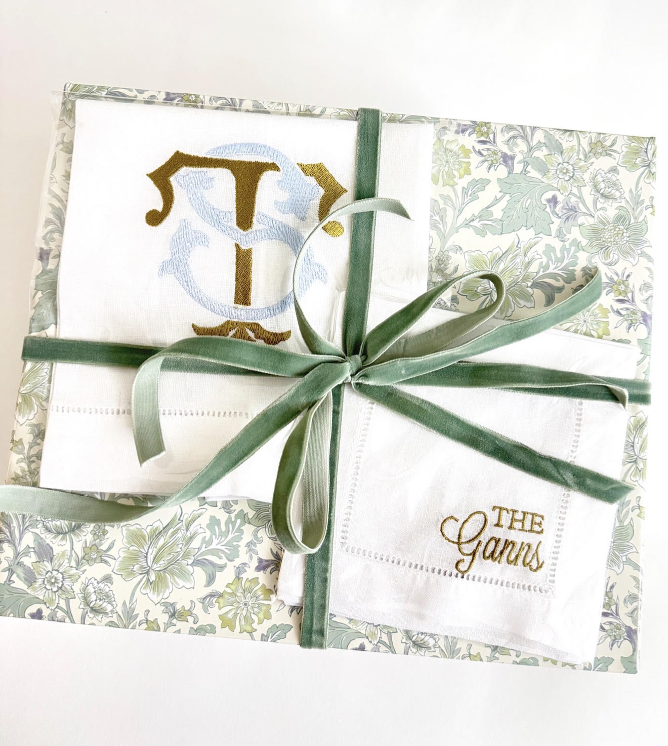 Monogrammed linen napkin gift set tied with velvet ribbon